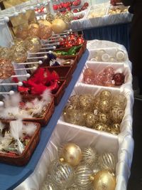 High angle view of christmas decorations for sale