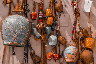 High angle view of decorations on table at market