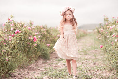 Portrait of cute girl wearing wreath standing at farm