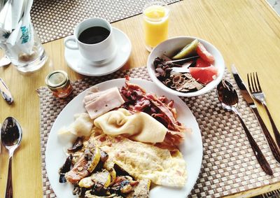 High angle view of breakfast on table