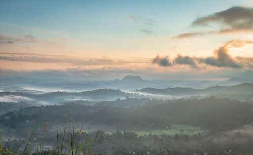 Mountain layers covered with white mist at dawn