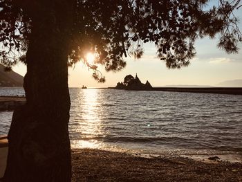 Silhouette trees by sea against sky during sunset