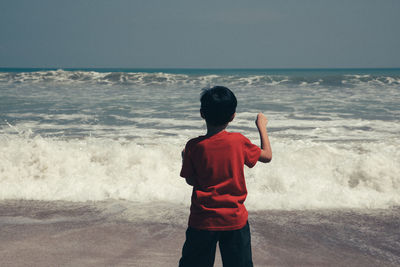 Rear view of boy on beach against sky