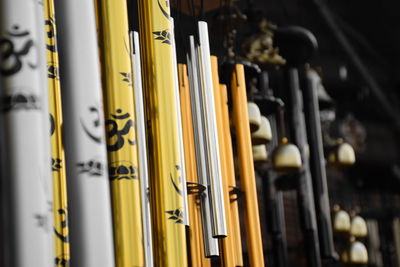 Close-up of metallic wind chimes