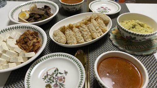 High angle view of food on table