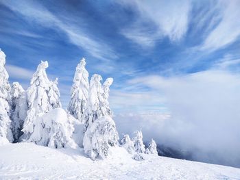 Snow covered landscape against sky