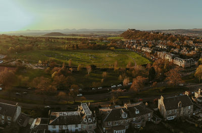 High-angle aerial view of stirling neighborhood and park against sky