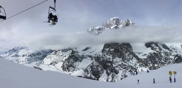 Scenic view of snow covered mountains against sky