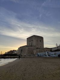 Castle on beach against sky during sunset