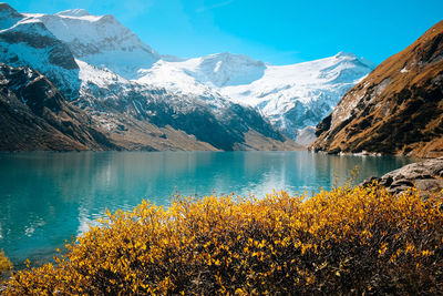 Scenic view of lake and snowcapped mountains against clear sky