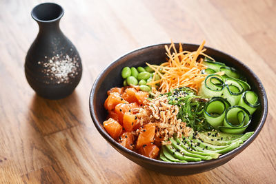 High angle view of food in bowl on table