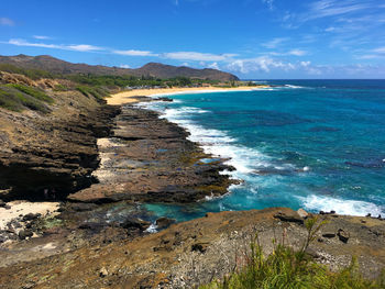 Scenic view of sea against blue sky