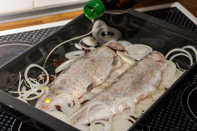 High angle view of food in kitchen