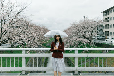 Portrait of young woman with umbrella on bridge against cherry trees
