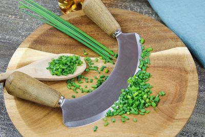 High angle view of chopped vegetables on cutting board