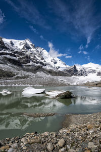 Scenic view of lake by snowcapped mountains against sky