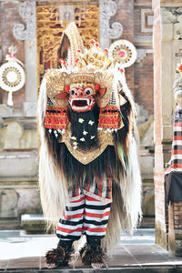 Group traditional dancer with costume of balinese spirit barong at culture event in gwk bali