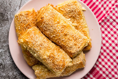 High angle view of bread in plate on table