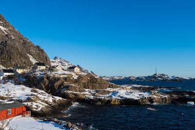 Scenic view of snowcapped mountains against clear blue sky