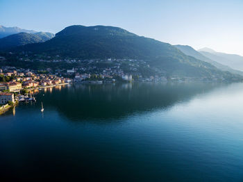 Scenic view of lake by mountain against sky