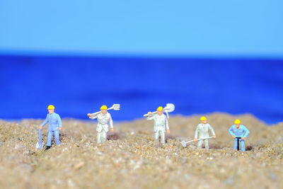 Group of people on field by sea against clear sky