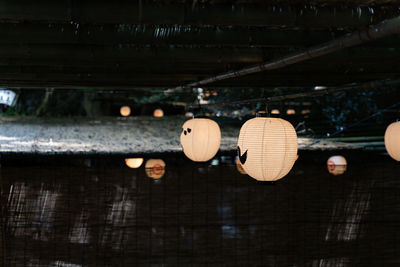 Low angle view of illuminated lanterns hanging on roof