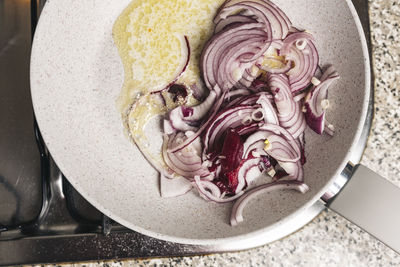 High angle view of bread in bowl