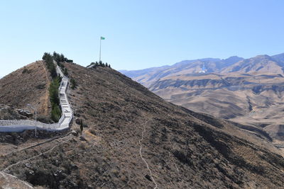 Scenic view of mountains against clear blue sky