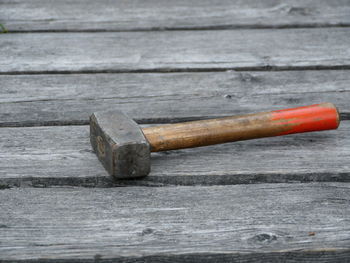 High angle view of hammer on table