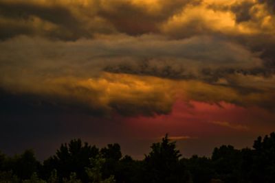 Silhouette trees against dramatic sky during sunset