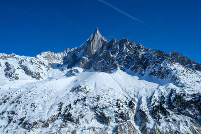 Scenic view of snowcapped mountains against clear blue sky