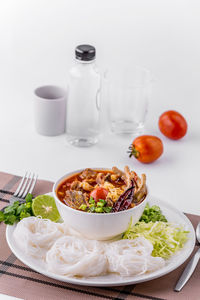 Close-up of food served on table