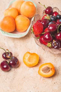 High angle view of fruits in bowl on table