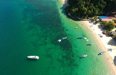 High angle view of boats in sea