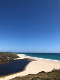 Scenic view of beach against clear blue sky