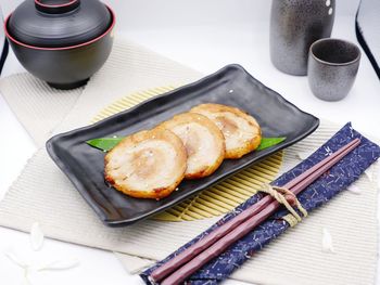 High angle view of breakfast served on table