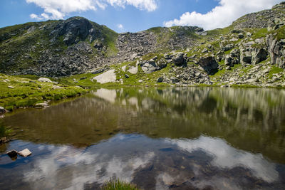 Scenic view of lake and mountains against sky