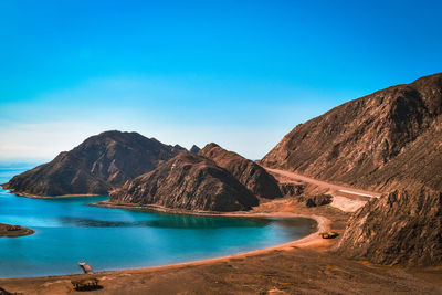 Scenic view of sea and mountains against clear blue sky