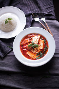 High angle view of soup in bowl on table