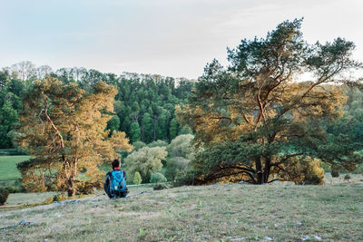 Rear view of man sitting on land against sky