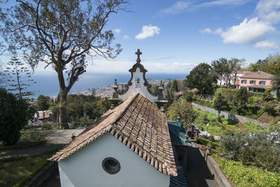 Temple by building against sky in city