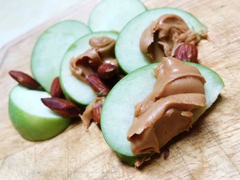 Close-up of dessert on cutting board