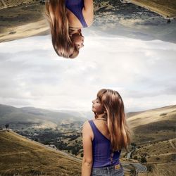 Multiple image of woman standing against landscape