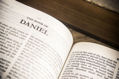 High angle view of text on book