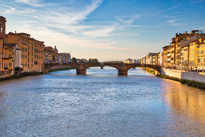 Bridge over river against buildings in city