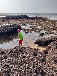 Rear view of boy on rock at beach against sky
