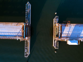 High angle view of commercial dock by sea