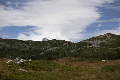 Scenic view of mountains against cloudy sky