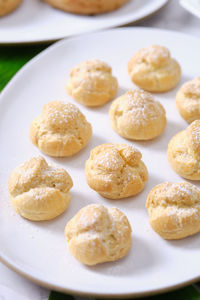 High angle view of cookies in plate on table