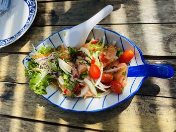 High angle view of food in plate on table